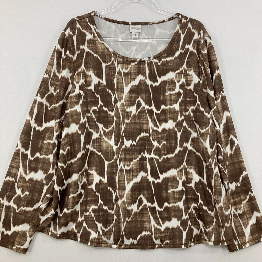 Chico's size XL/3 Brown White‎ Soft Stretch Crew Neck Long Sleeve Pullover Top